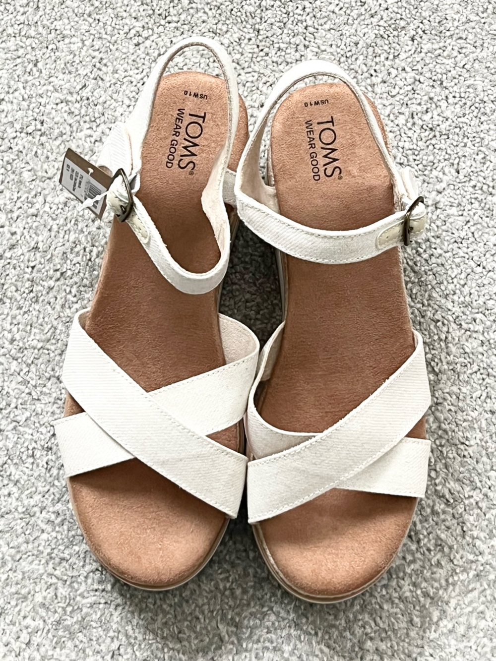 NWT TOMS Gia Cream Chambray Crisscross Buckle Wedge Sandals Size 10